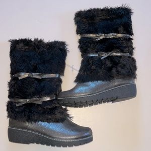 Kids Cherokee Fairley Metallic Black Winter Faux Fur Zip Up Snow Boots